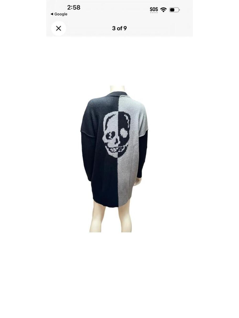Skull Back Cardigan Sweater Black Gray Button Front Dropped Shoulder Goth Large